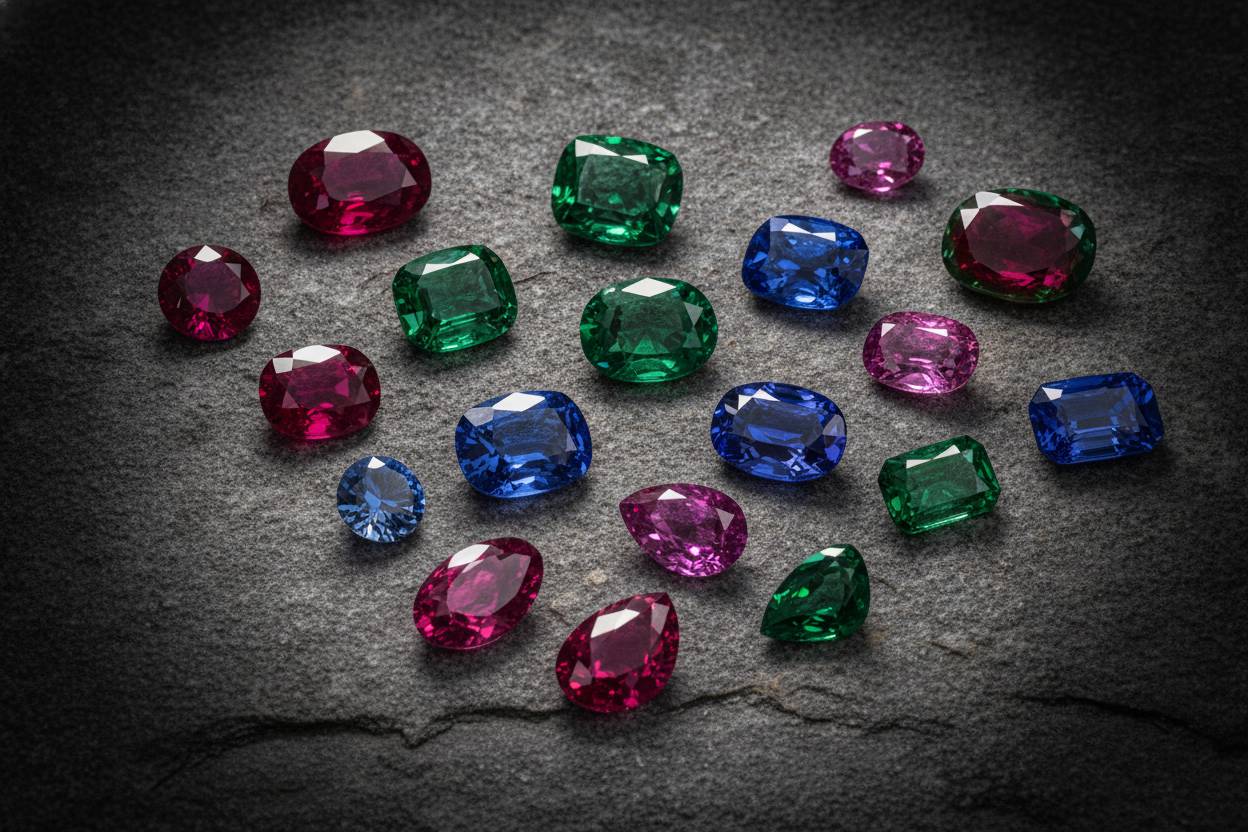 Five loose gems grouped by species: ruby, blue sapphire, emerald, spinel, alexandrite on grey stone