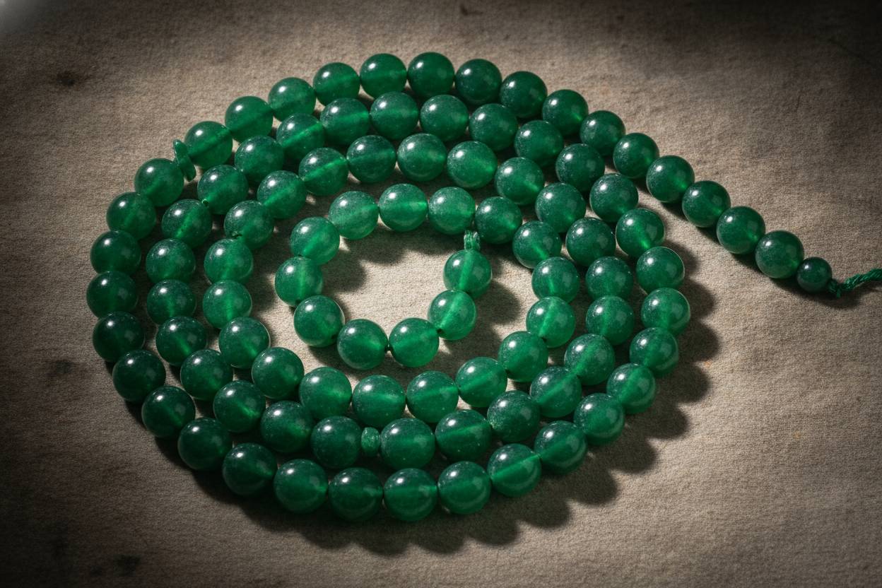 Strand of translucent imperial green jadeite beads coiled on aged silk, raking side light