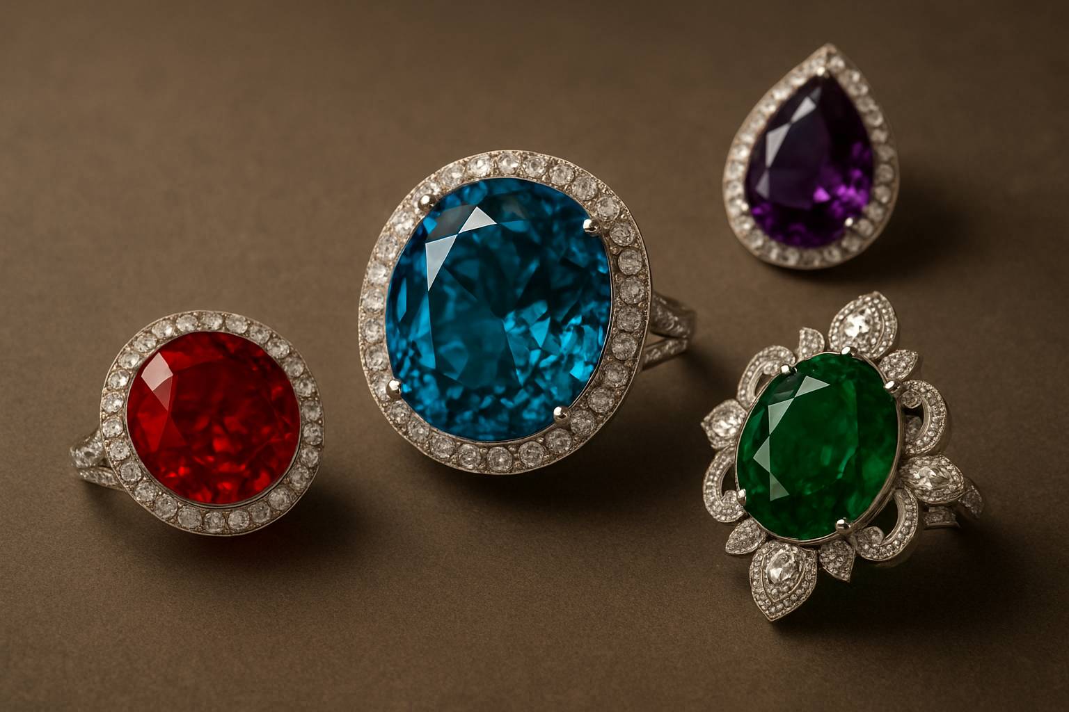 an elegant display of high jewelry pieces featuring colored gemstones, arranged artistically