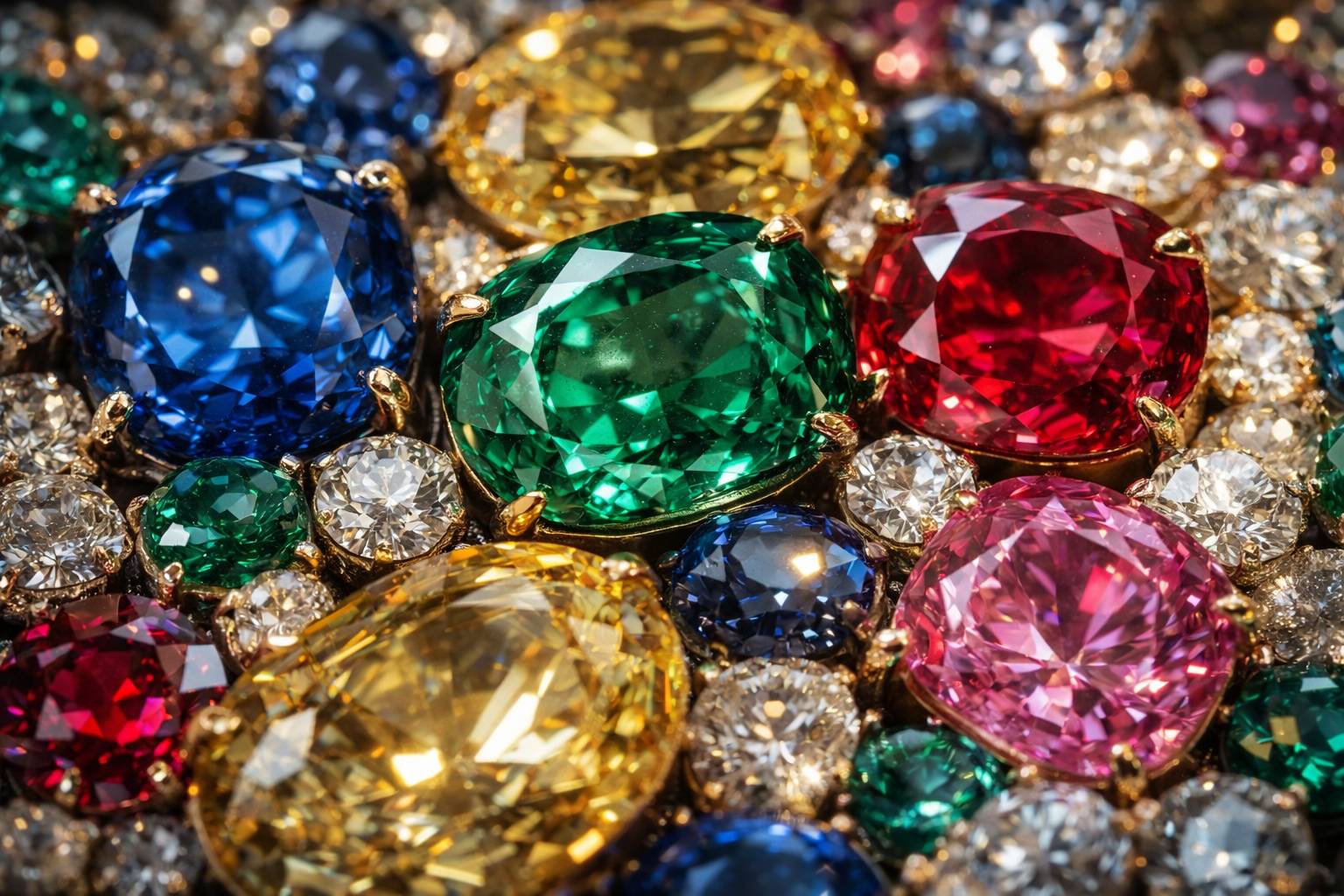 a close-up of various colorful gemstones, highlighting their unique textures and colors