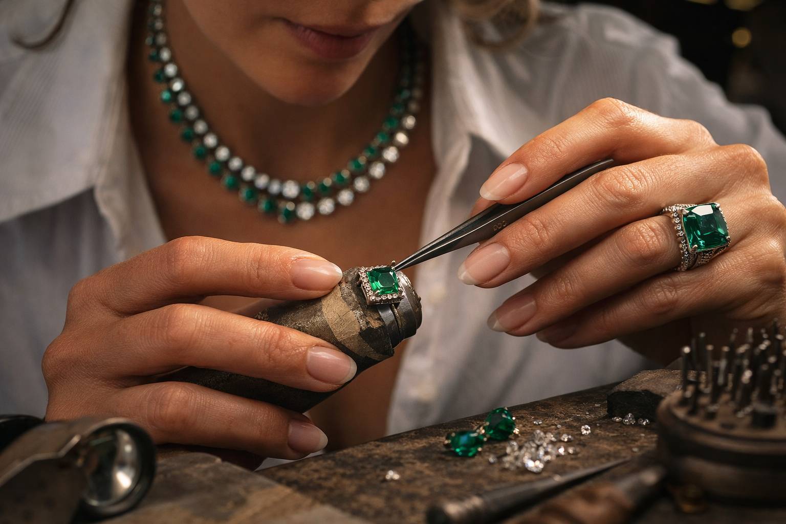 a skilled artisan working with gemstones, showcasing the craftsmanship involved in jewelry making