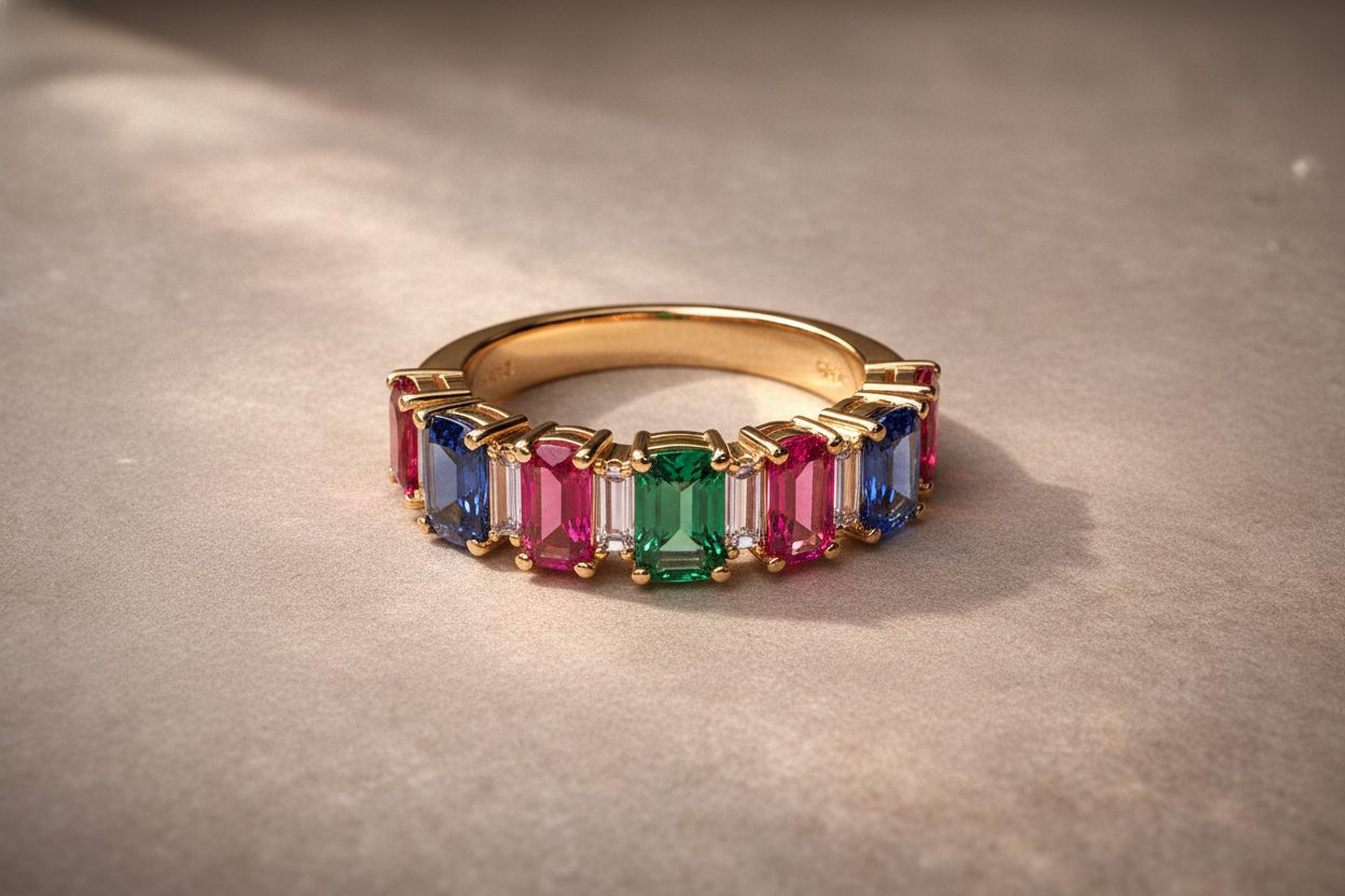Gold ring set with unmatched sapphires, spinel and tourmaline in a rhythmic row