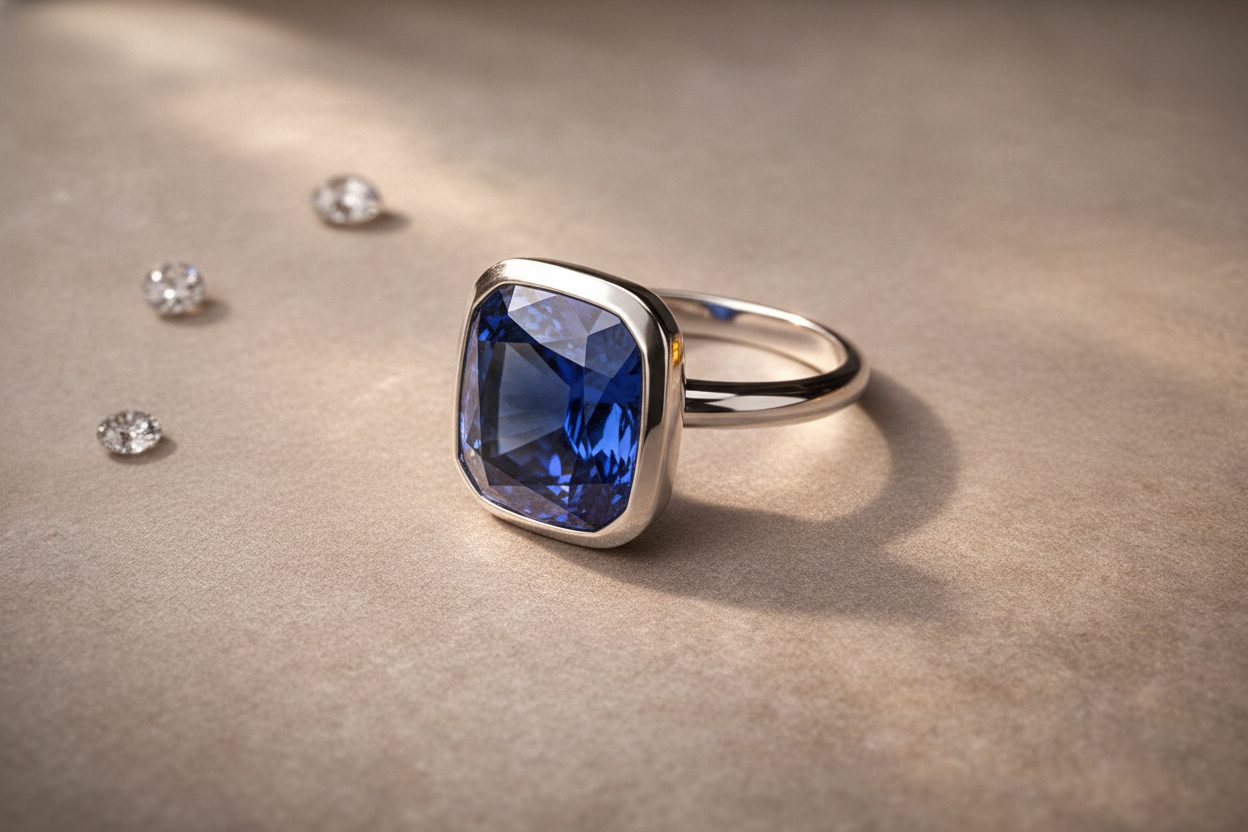 Bezel-set blue sapphire ring photographed close against brushed metal surface