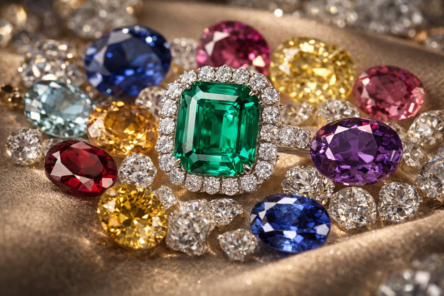 a close-up of a vibrant emerald surrounded by other colorful gemstones, highlighting their colors
