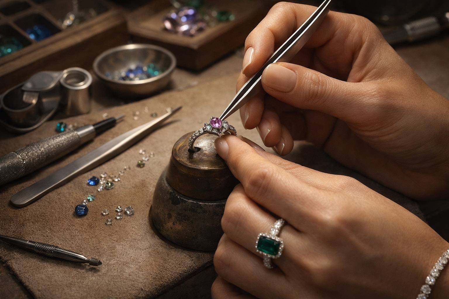 detailed shot of a jeweler's hands meticulously setting a colorful gemstone in a delicate ring