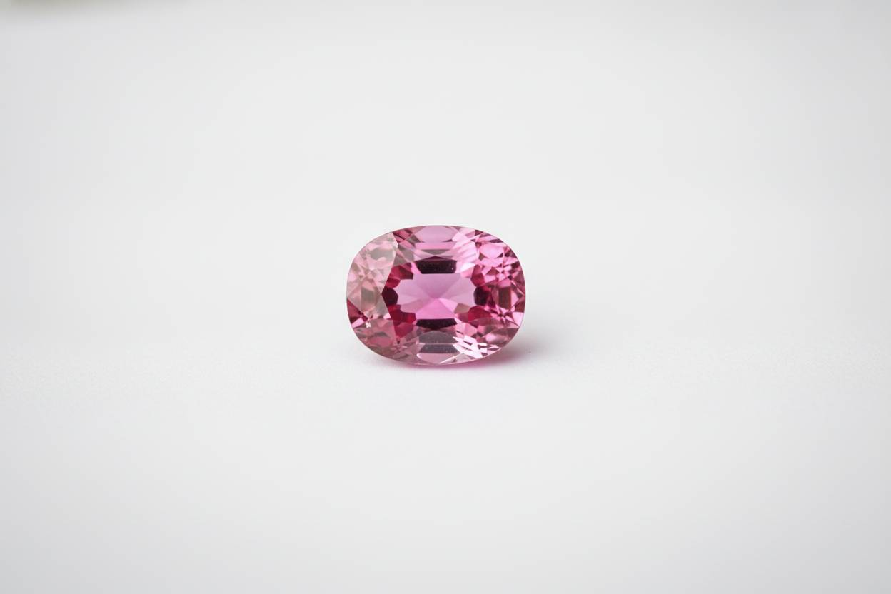 Single vivid pink spinel held face-up over white paper showing even saturation, macro detail