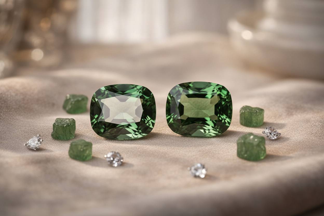 Deeply cut green tourmaline showing pale window centre beside a well-proportioned stone