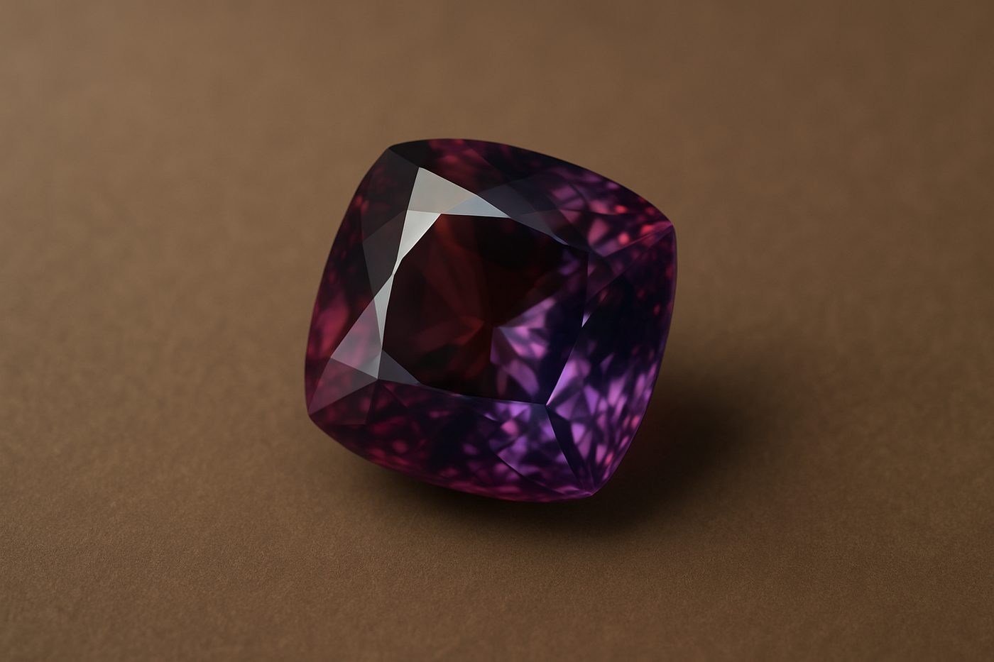 a detailed view of colour change garnet under different lighting, highlighting the colour shift