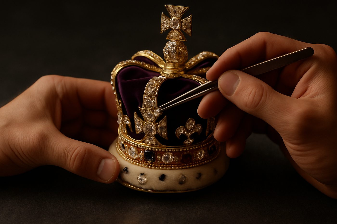 a close-up of a jeweler's hands meticulously setting gemstones into a crown