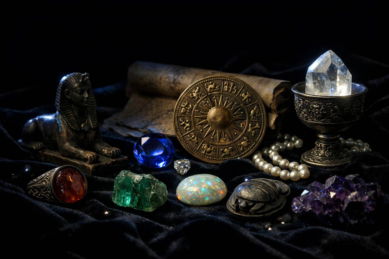 a selection of historical artifacts and stones representing ancient gemstone lore