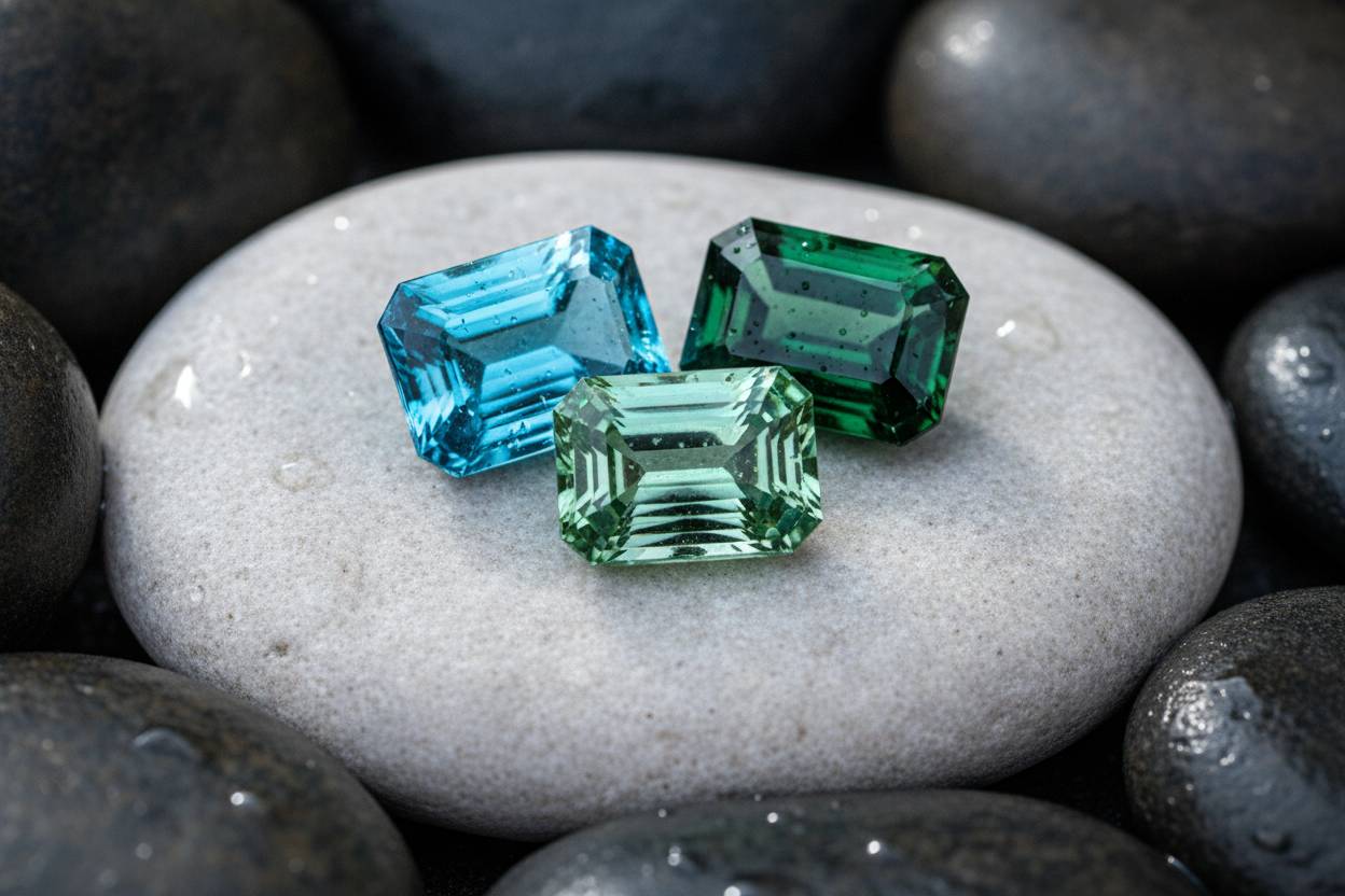Three cuprian tourmalines in turquoise, mint and forest green arranged on pale grey stone