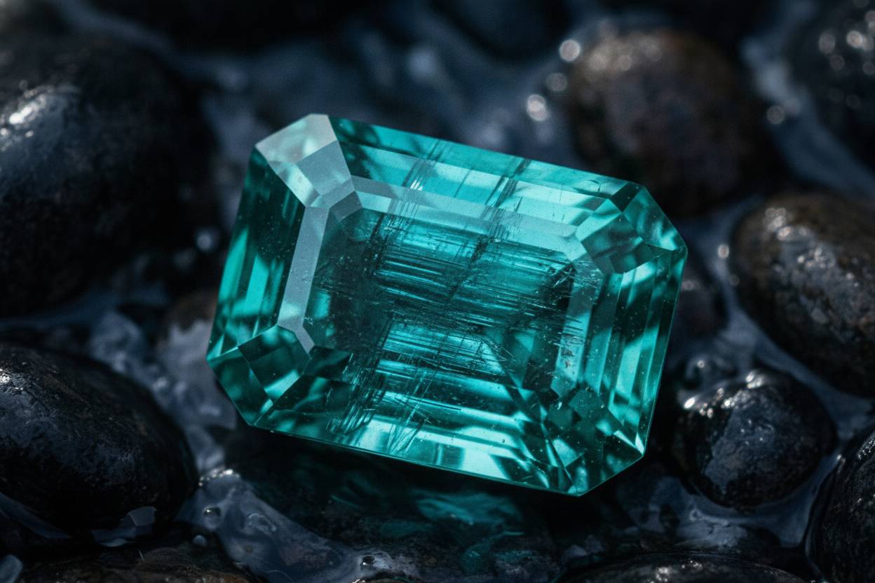 Loose blue-green tourmaline under gemmological microscope showing growth tubes and colour zoning