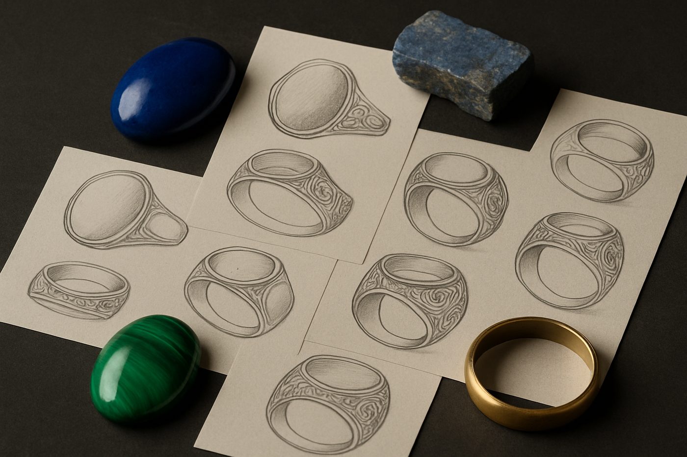 an array of design sketches and materials for custom mens rings, neutral background