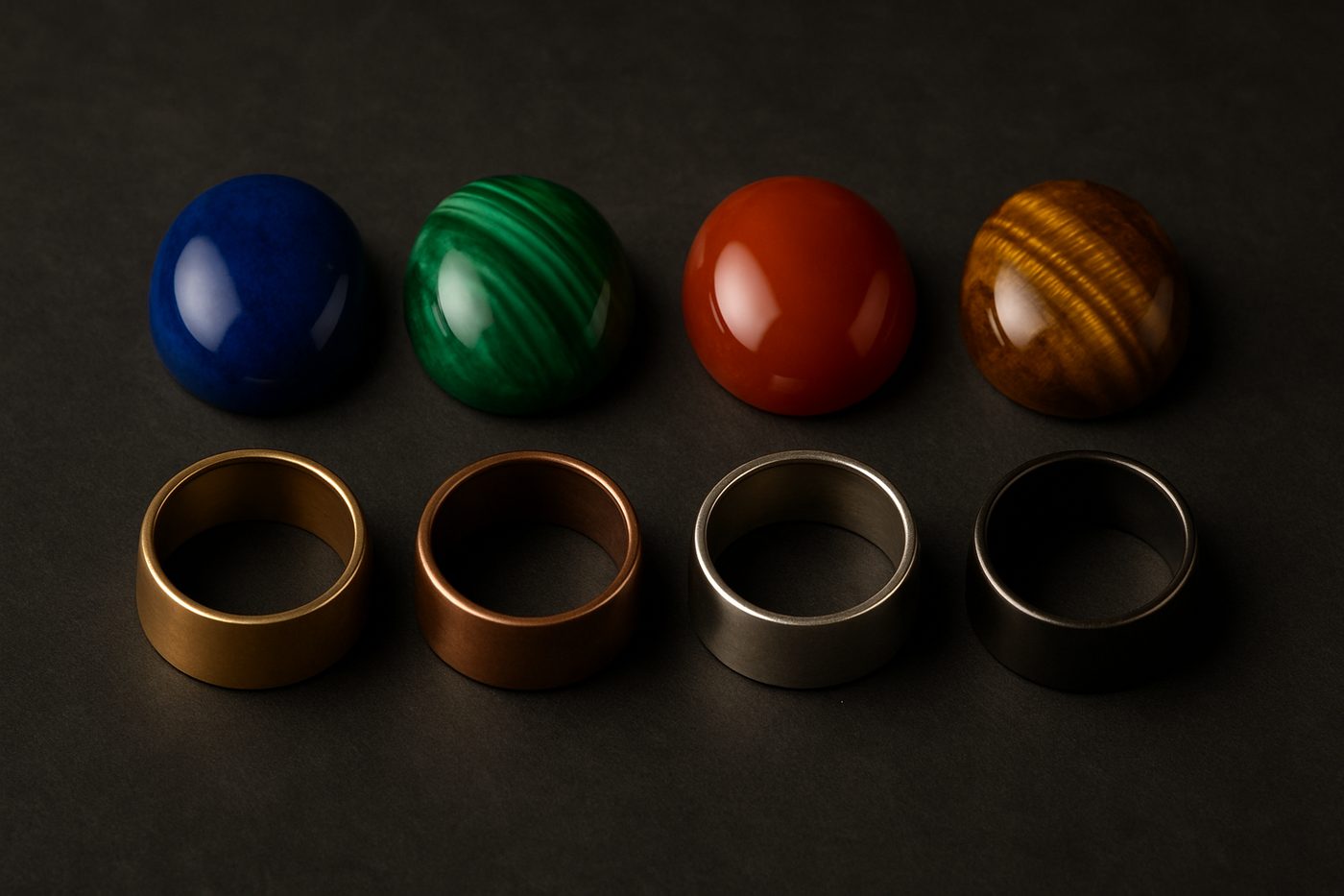 a selection of different metals and gemstones for custom mens rings arranged neatly