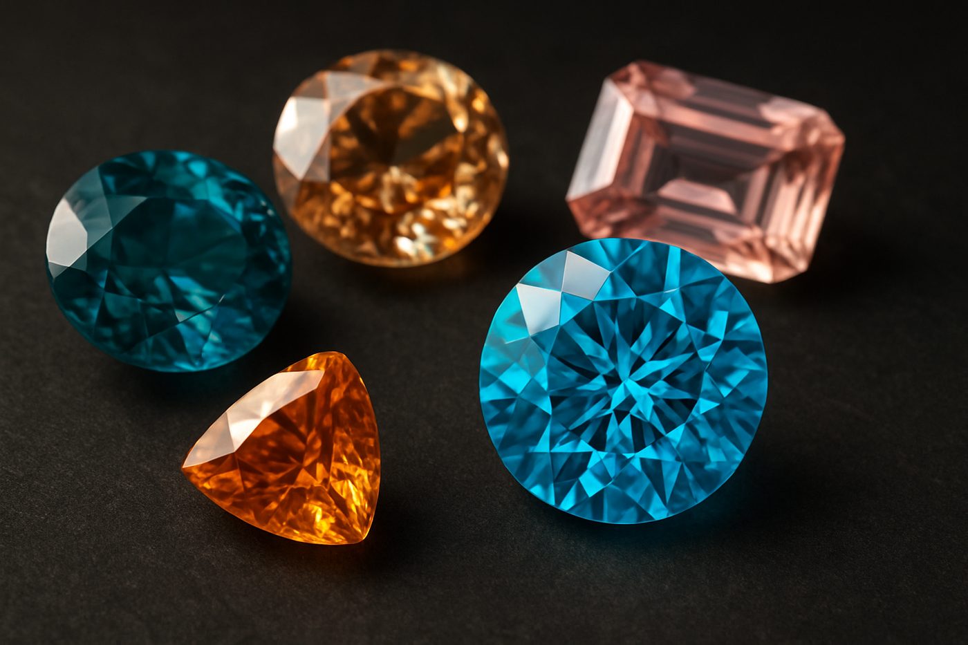 a close-up of various zircon stones showcasing their different colors and cuts