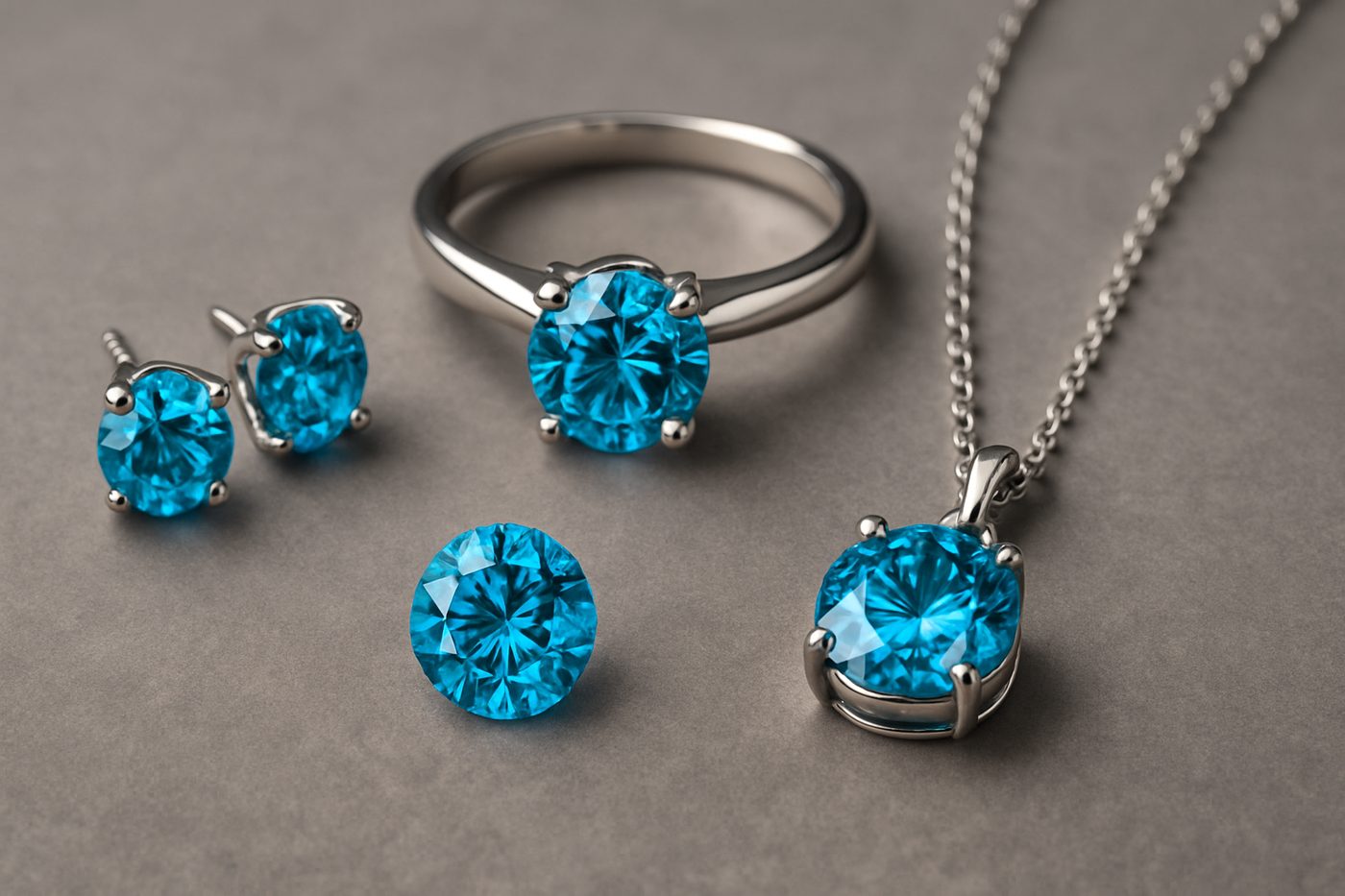 a collection of zircon jewelry pieces gently arranged on a neutral surface