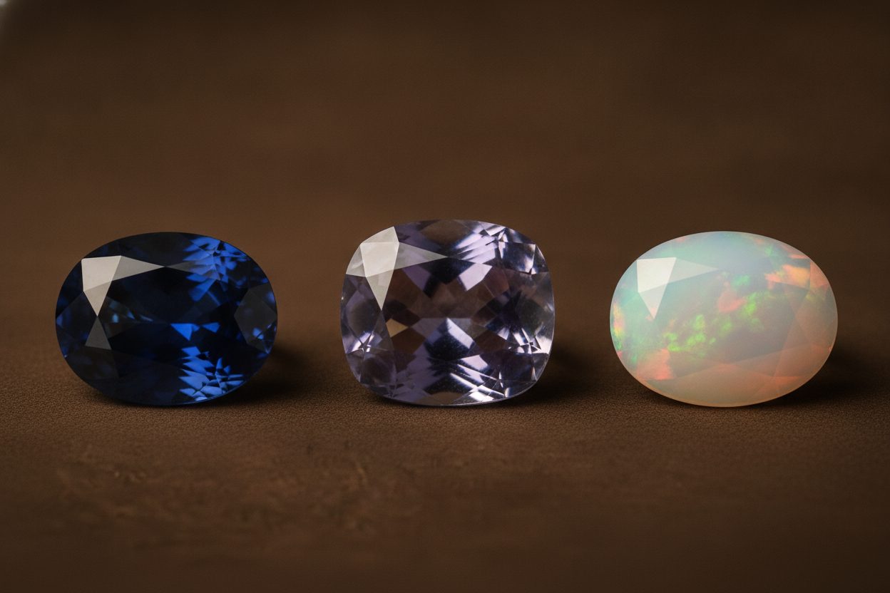 Macro of faceted sapphire, tanzanite and opal side by side showing girdle edges