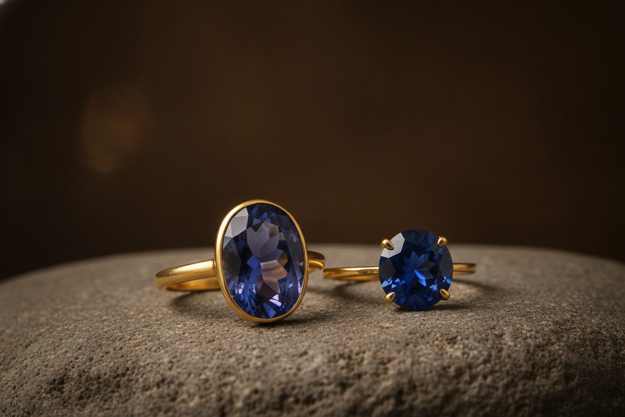 Close-up of a bezel-set tanzanite ring beside a six-prong sapphire ring on stone