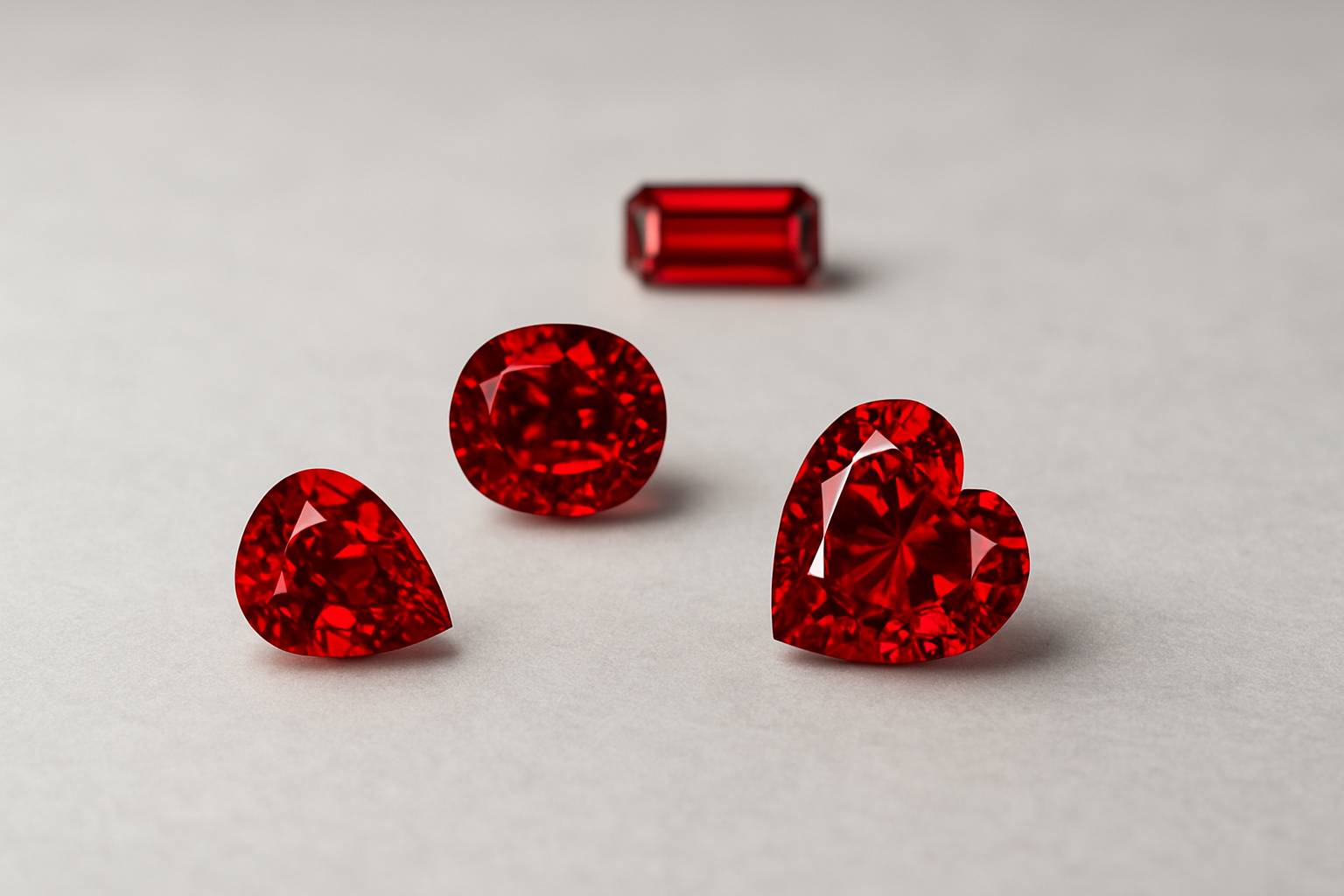 a collection of Mozambique rubies in various shapes and sizes, displayed on a smooth surface