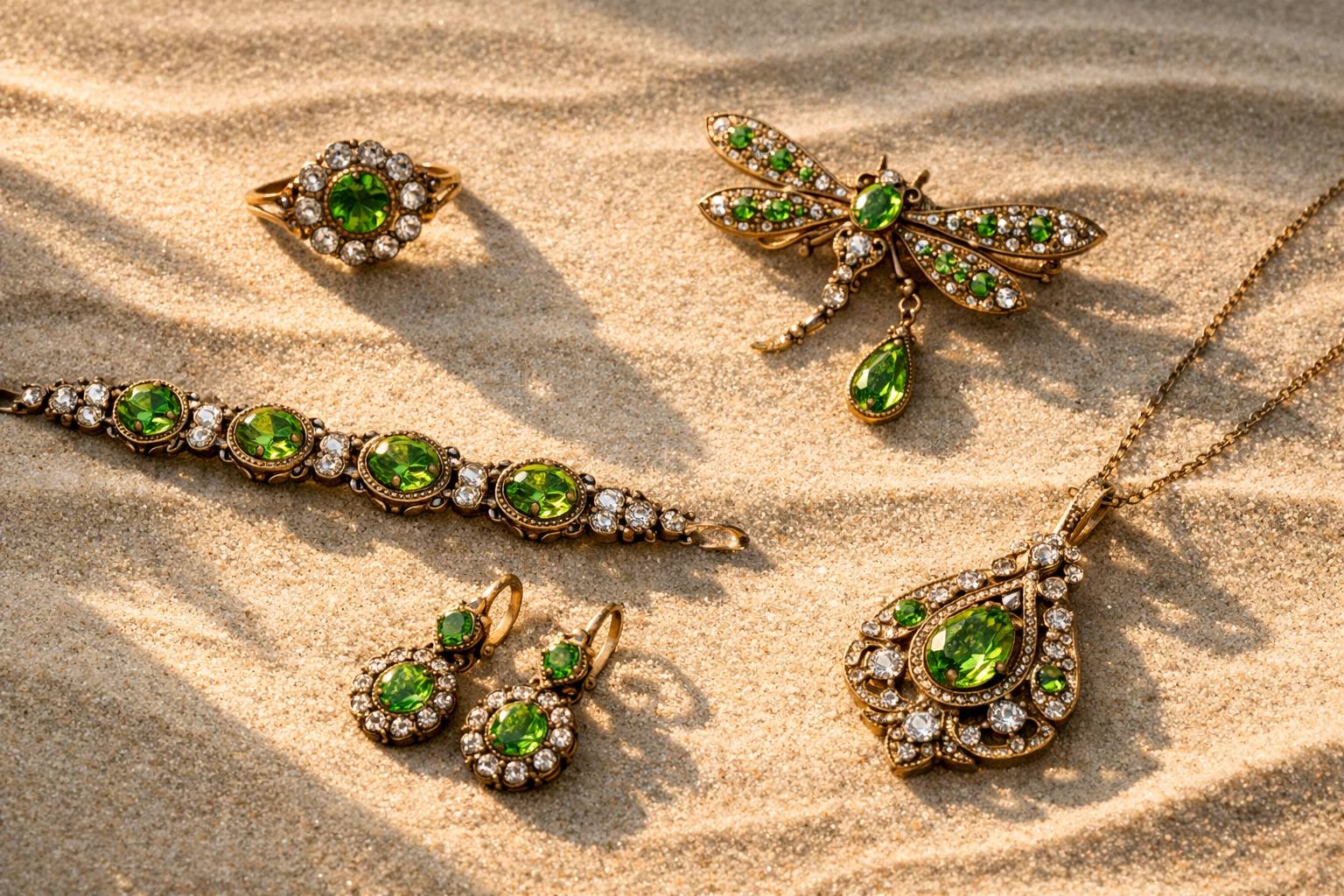 a selection of vintage jewelry featuring demantoid garnets, displayed on a neutral background