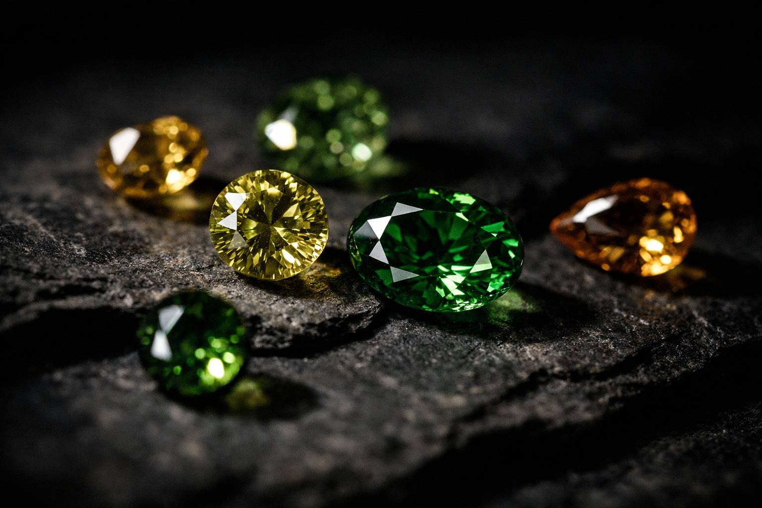 various demantoid garnets of different colors and clarity, arranged on a textured surface
