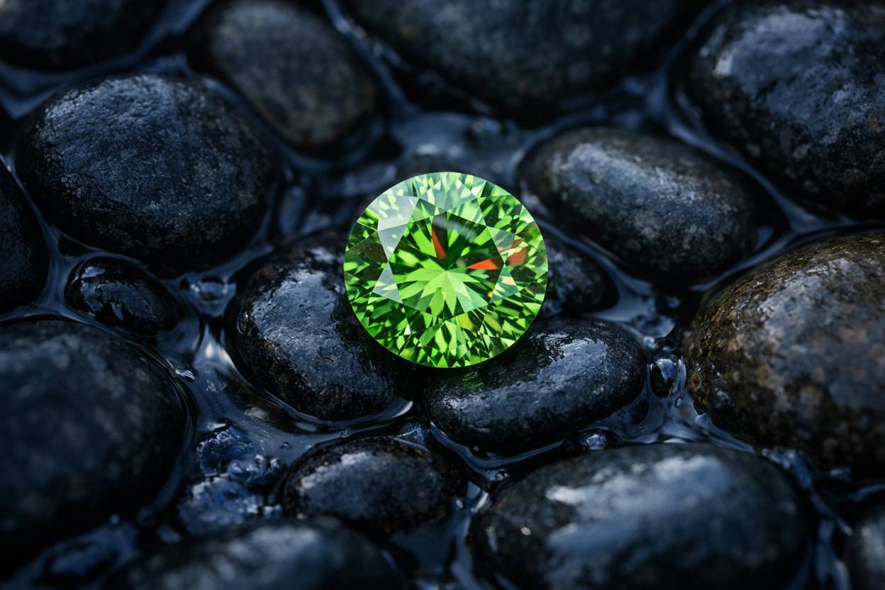 Round brilliant demantoid garnet macro, orange and red fire flashing within green body colour