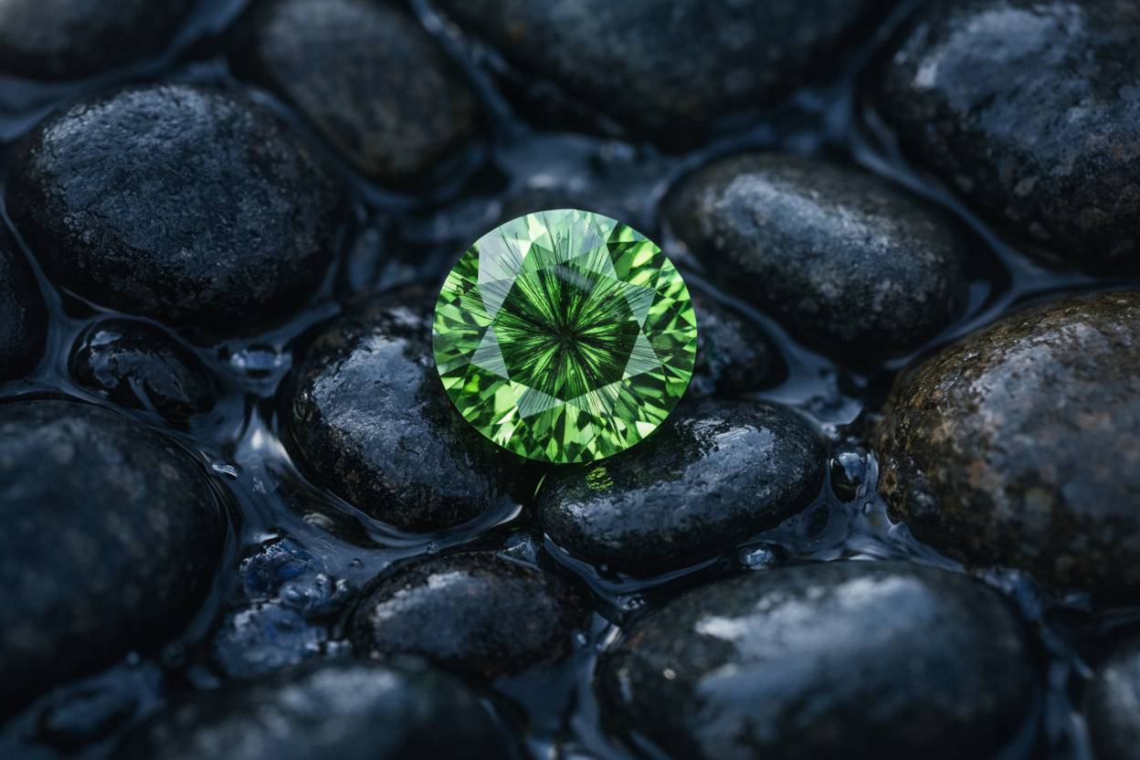 Microscope view of radiating horsetail fibre inclusions inside a green garnet