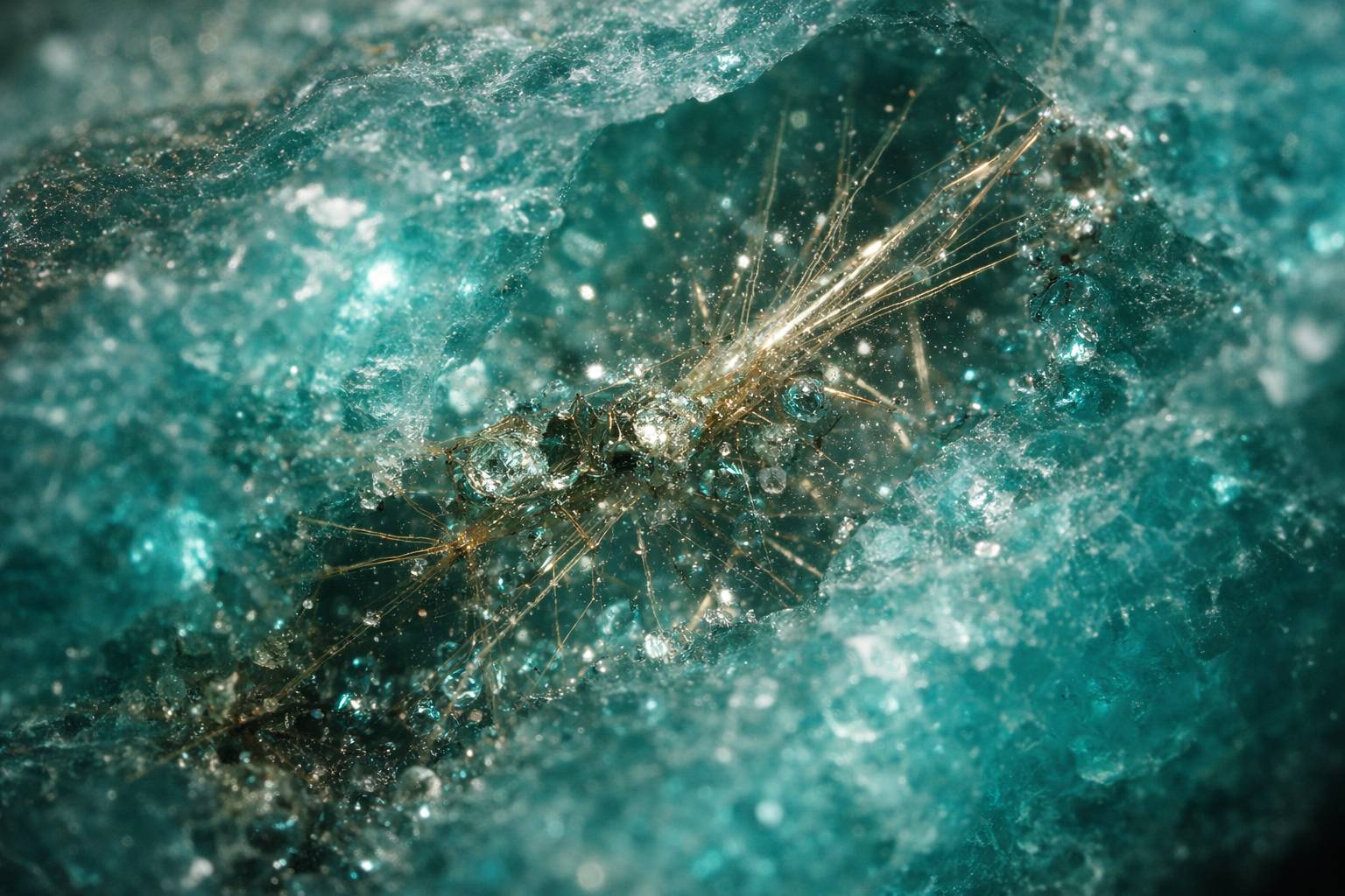 Magnified view of inclusions in Paraiba tourmaline rough