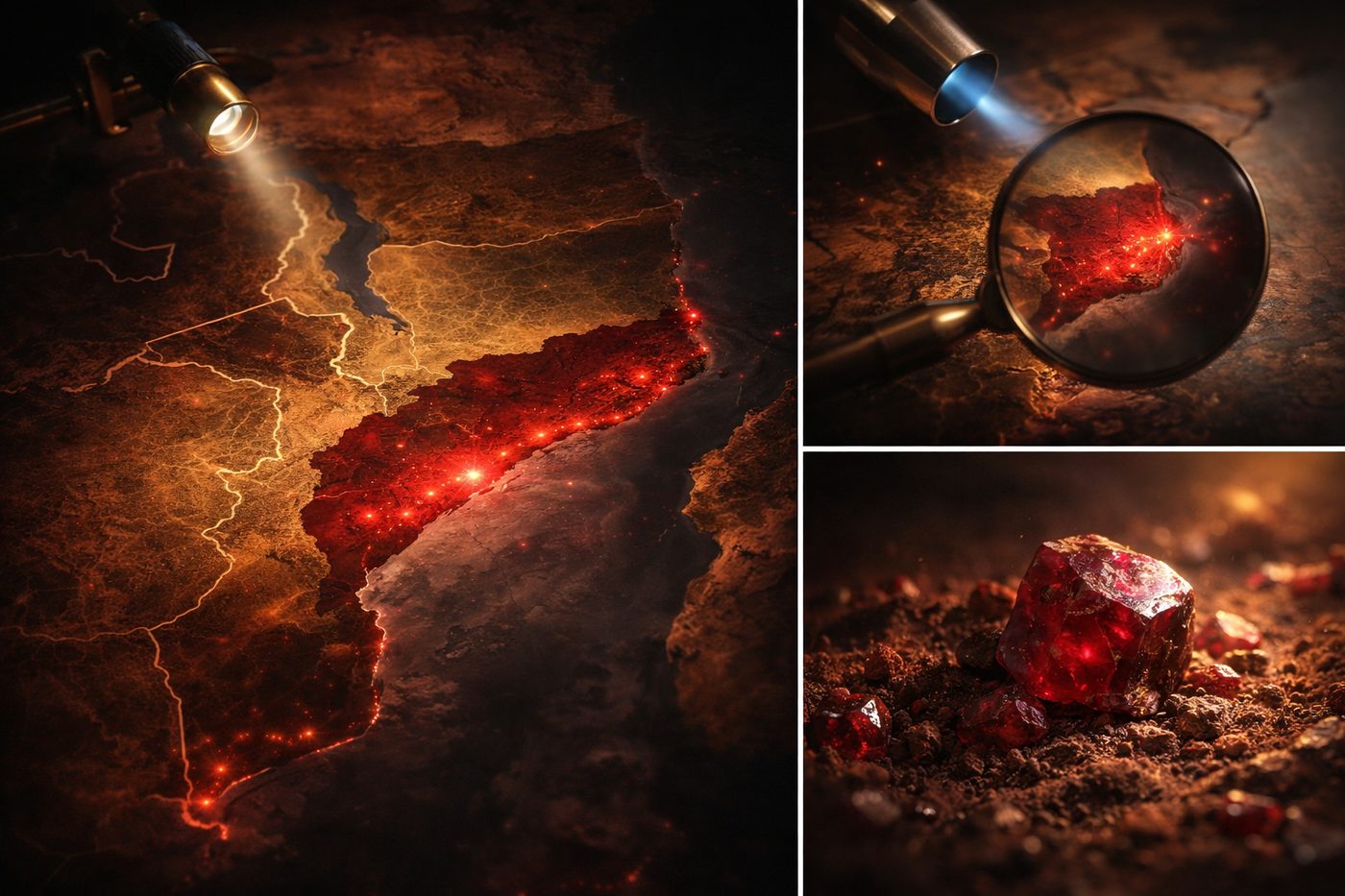 a map highlighting Mozambique's ruby mining regions, with emphasis on the Fura Gems site