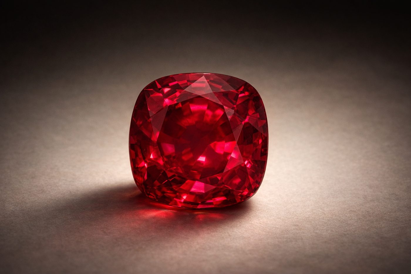 a close-up of a faceted Estrela de Fura ruby showcasing its deep red color and clarity on a neutral surface