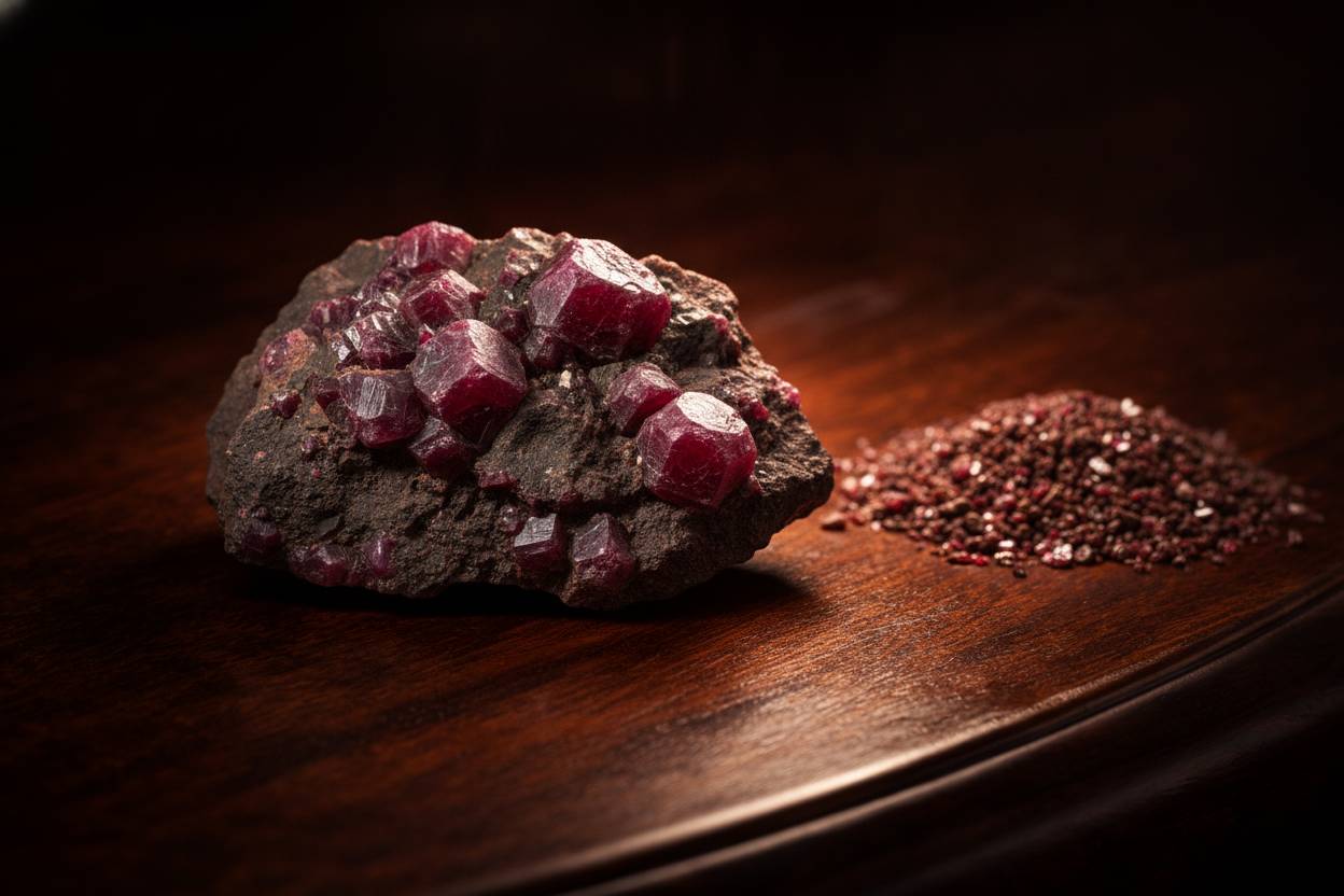 Rough ruby crystals in dark amphibolite host rock beside sorted reddish gravel, natural daylight