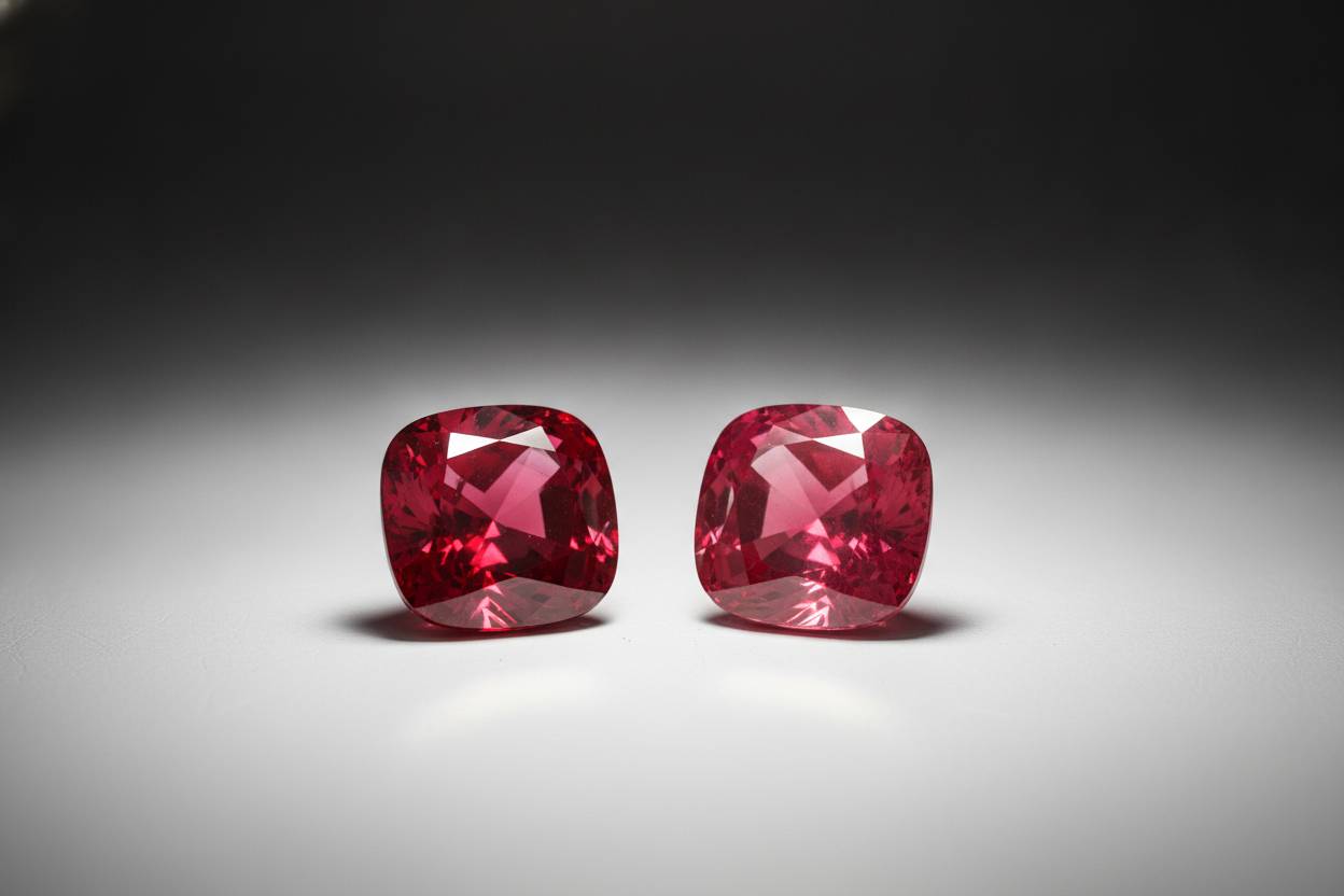 Two loose rubies side by side on white surface showing differing red tones and fluorescence
