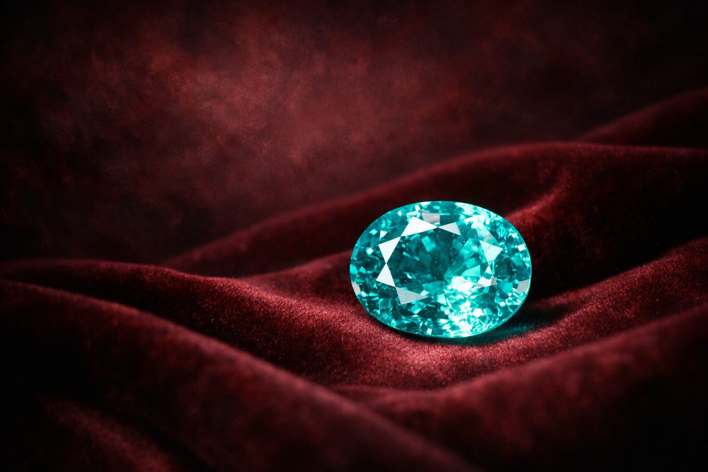 a close-up of an Ethiopian Paraiba gemstone showcasing its vivid color and clarity, on a soft velvet background