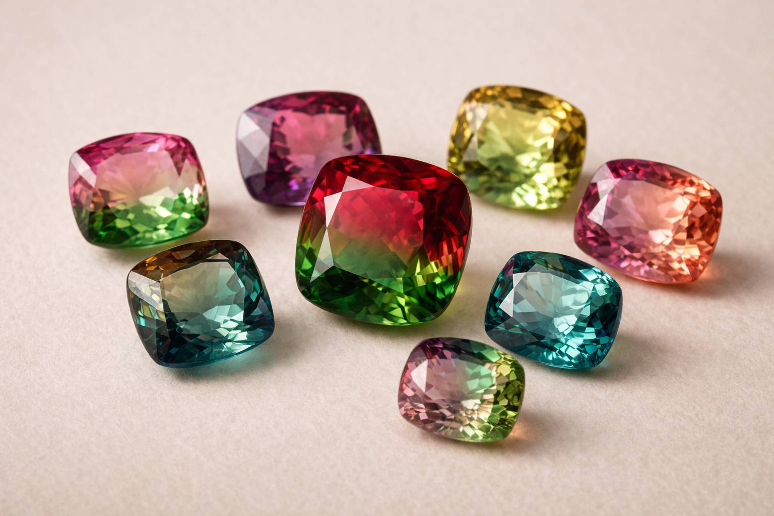 Display of different colored tourmaline stones