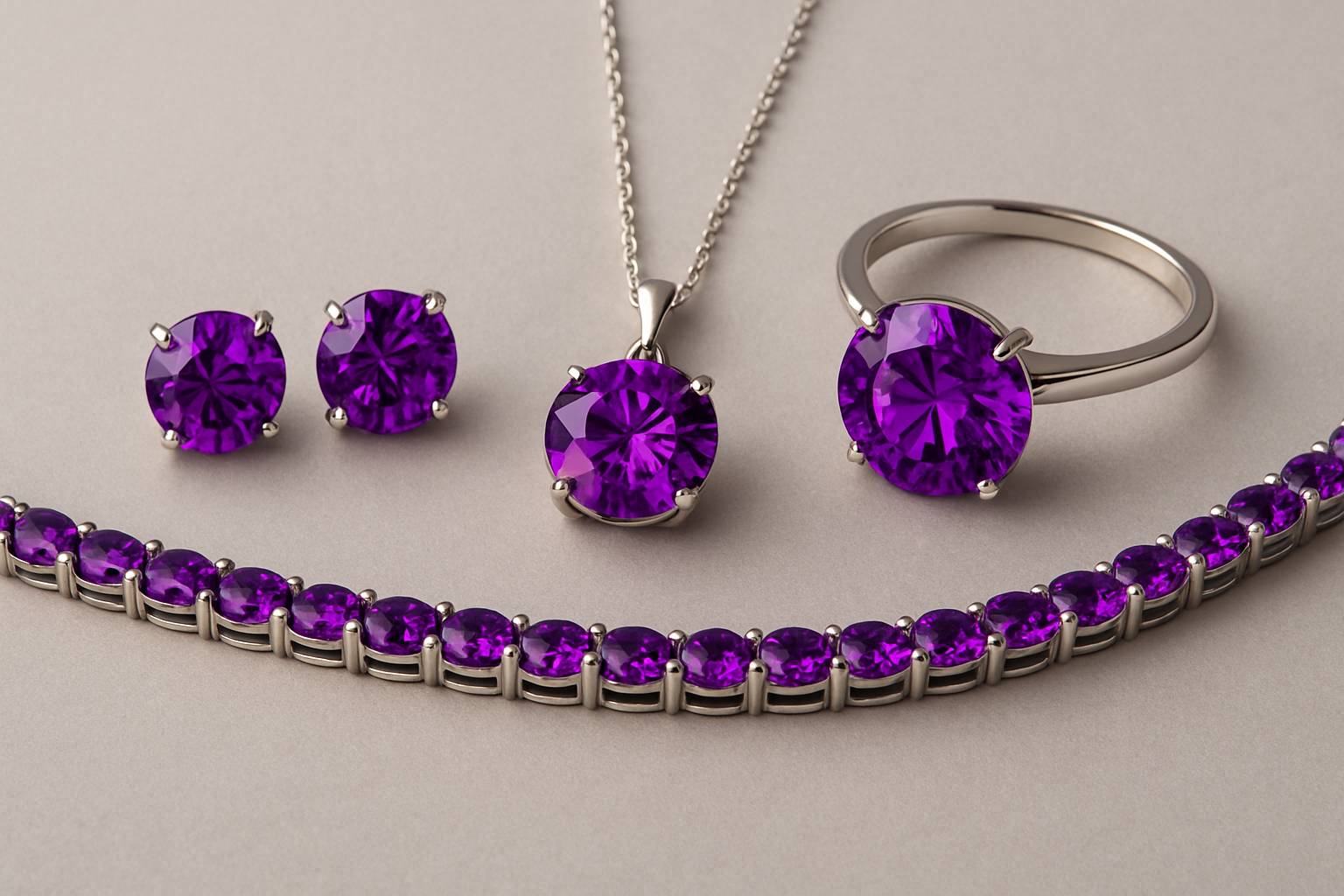 a selection of elegant amethyst jewelry pieces arranged on a neutral backdrop