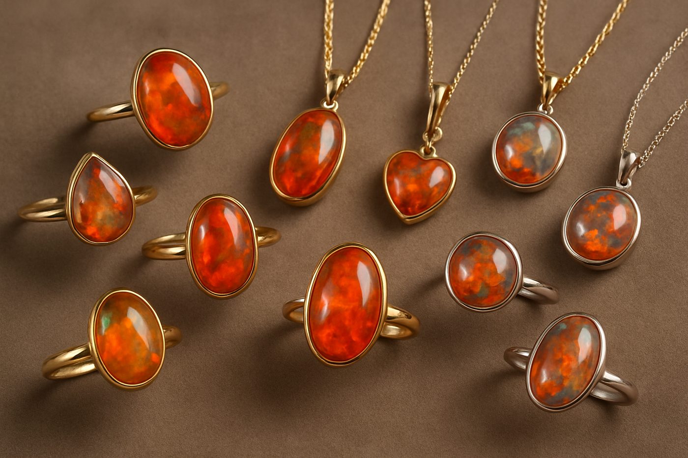 a collection of fire opal rings and pendants arranged elegantly on a soft surface