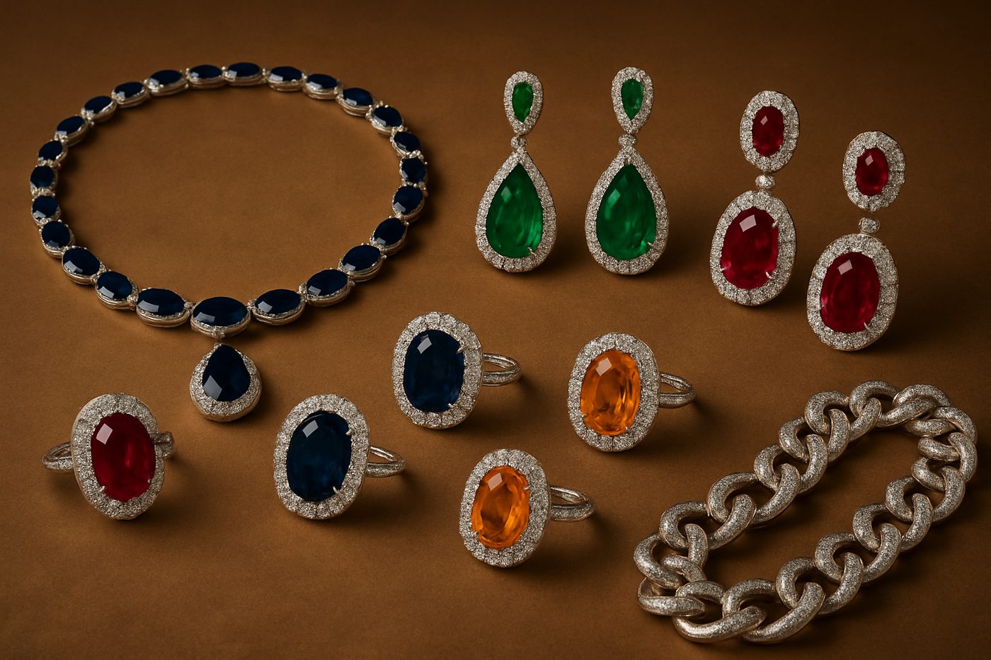 a collection of bold statement jewelry pieces featuring oversized earrings and chunky necklaces