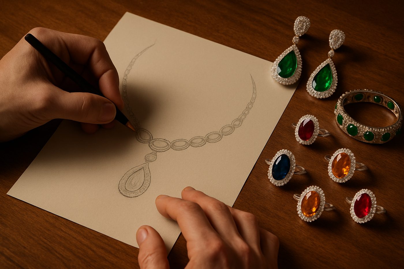 a close-up of a jewelry designer sketching a custom piece for a gala event on a wooden table