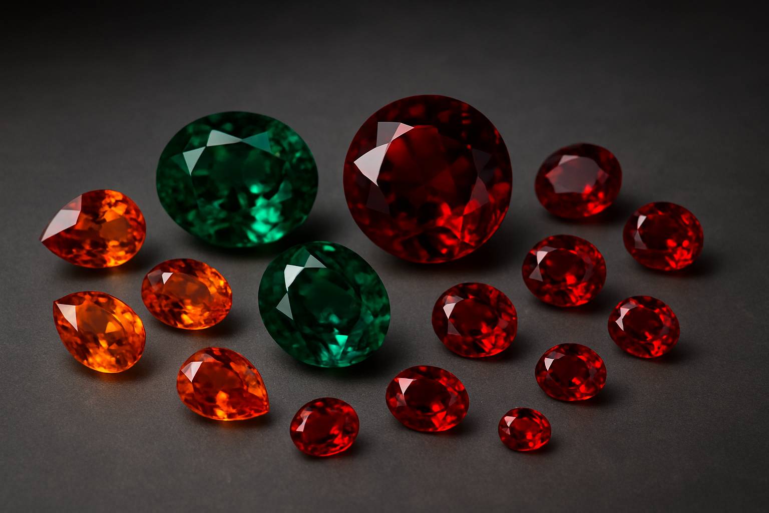 an array of garnets showcasing deep reds, vibrant greens, and oranges on a smooth surface