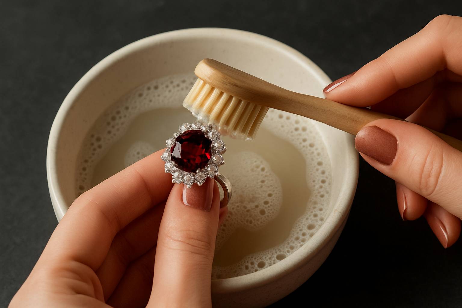 a close-up of a garnet ring being gently cleaned with a soft brush and warm soapy water