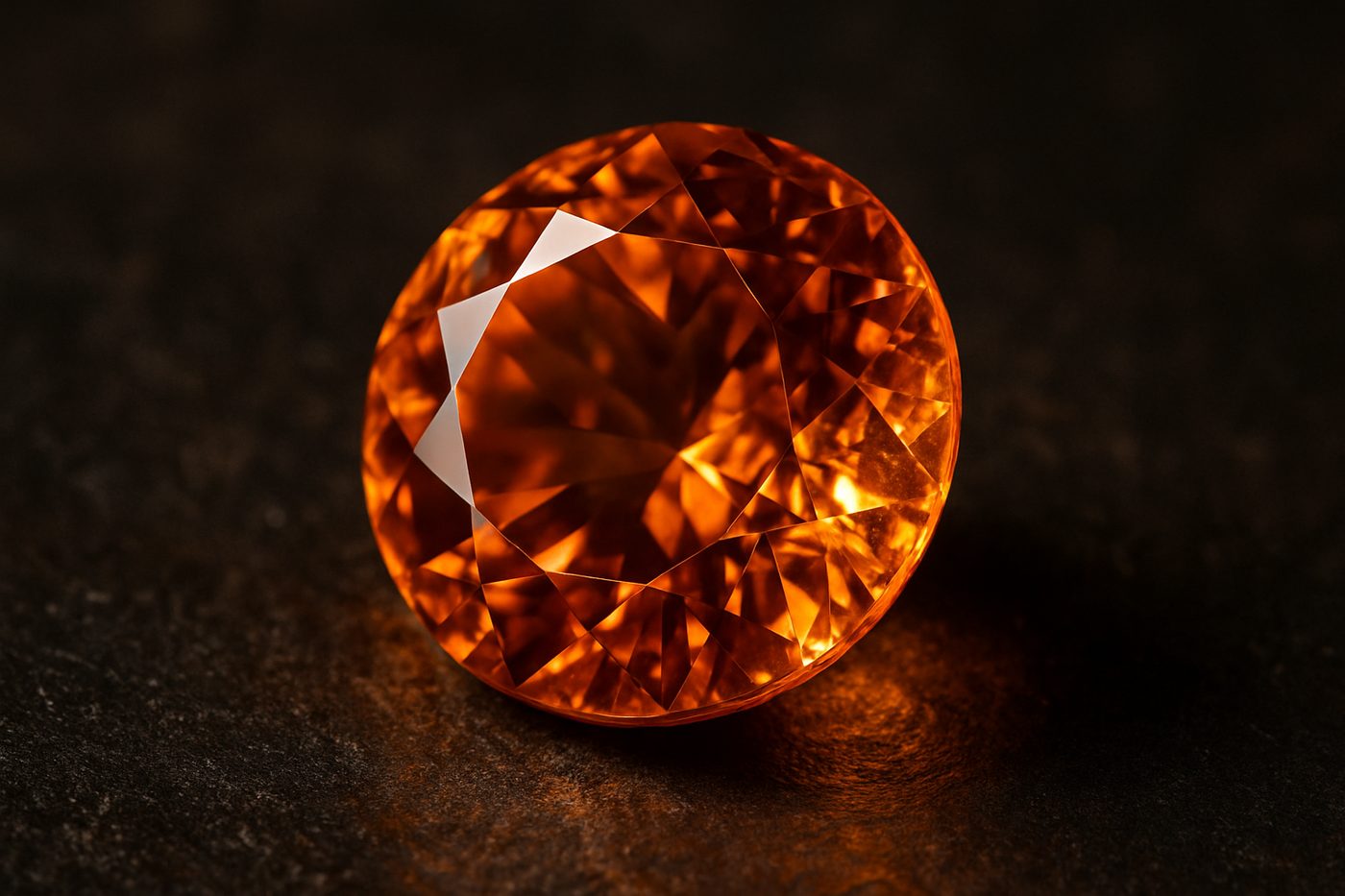 a close-up of a sparkling spessartite garnet showcasing its warm orange hue