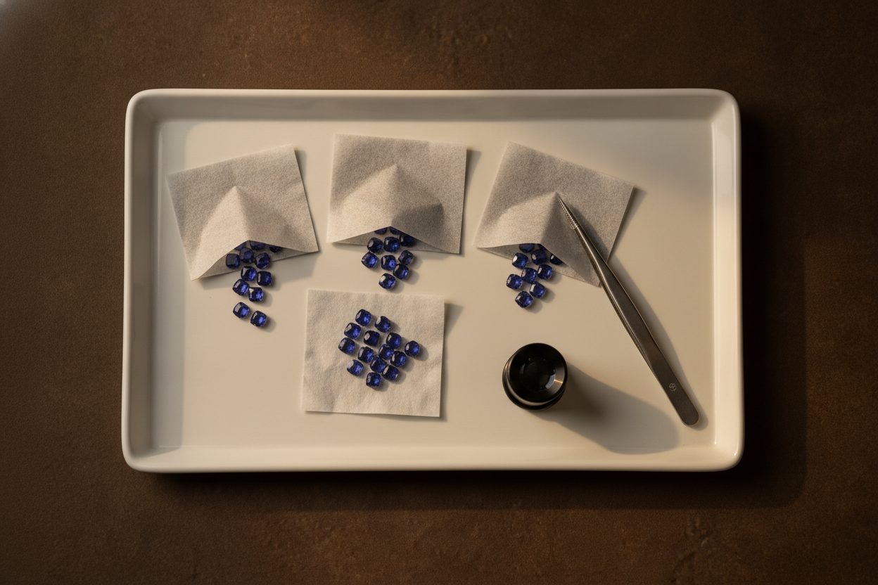 Parcel papers of matched blue sapphires beside tweezers and loupe on white tray