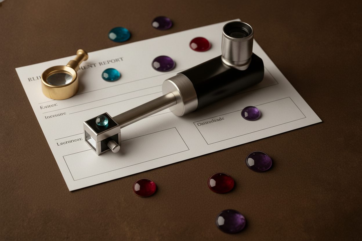 Refractometer and gemstone report on a trade show table, close crop, neutral tones