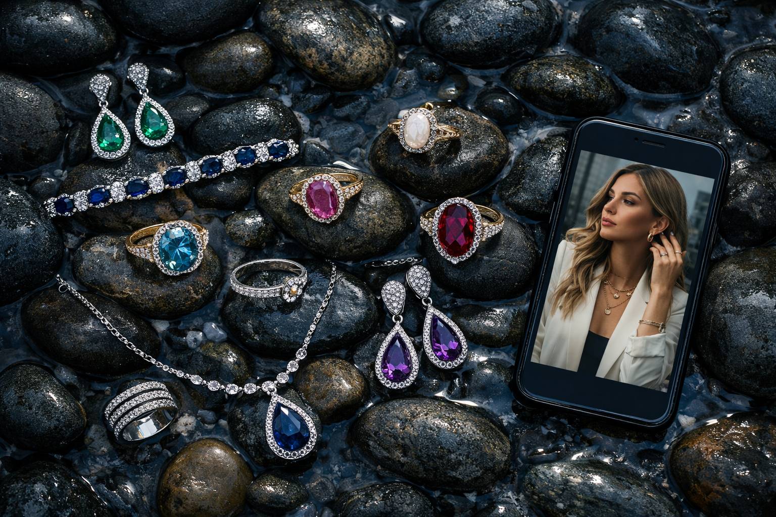 an array of gemstone jewelry displayed alongside a smartphone showcasing a fashion influencer's post