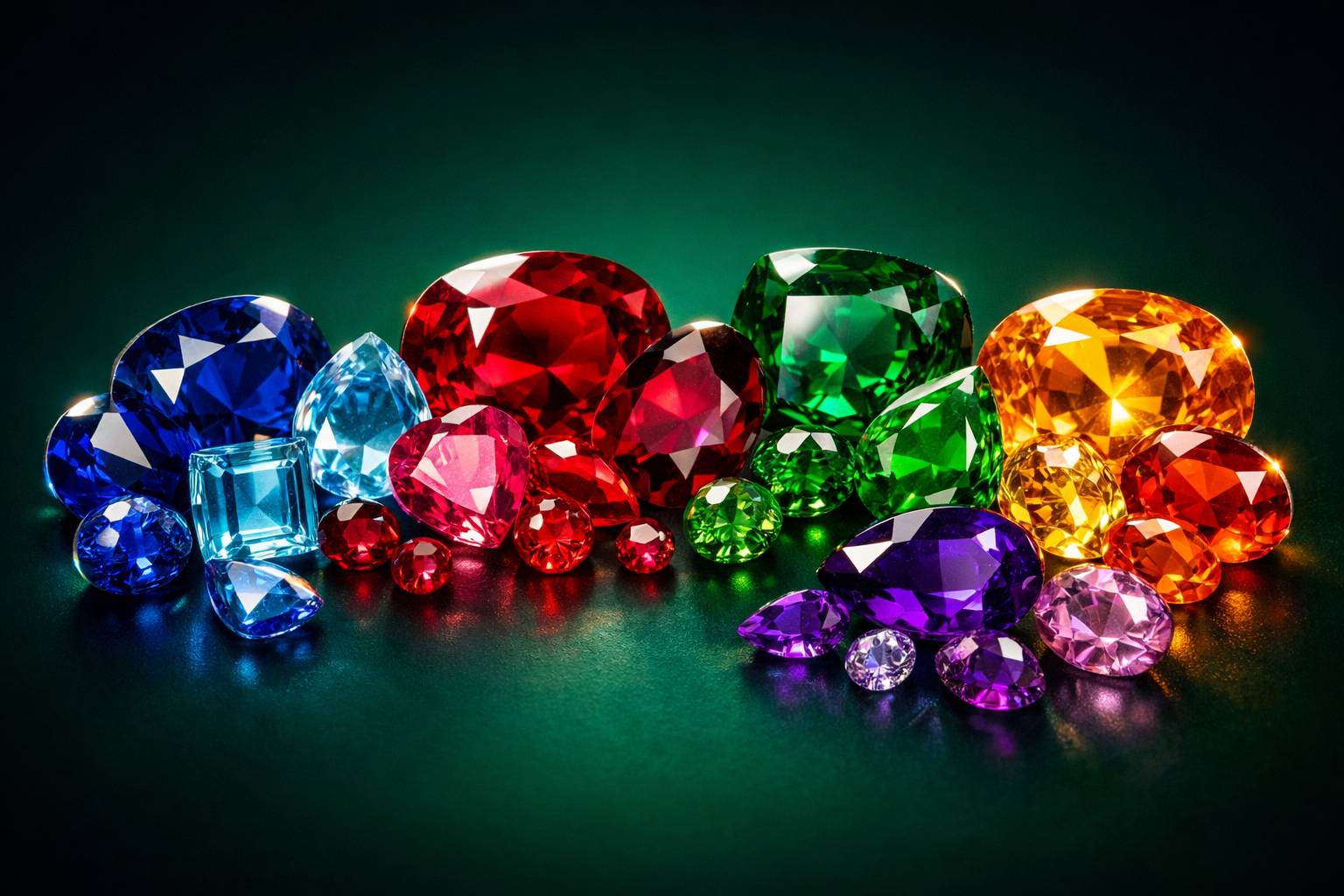a close-up of various gemstones grouped by color, highlighting their vibrancy and appeal