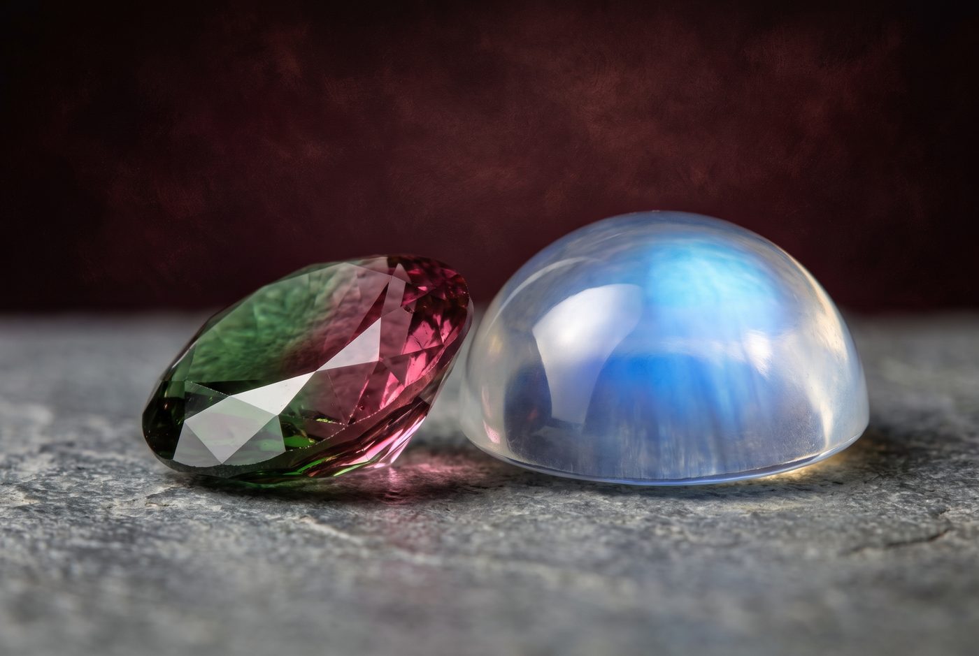 Macro of faceted tourmaline girdle and cabochon moonstone side by side on grey stone