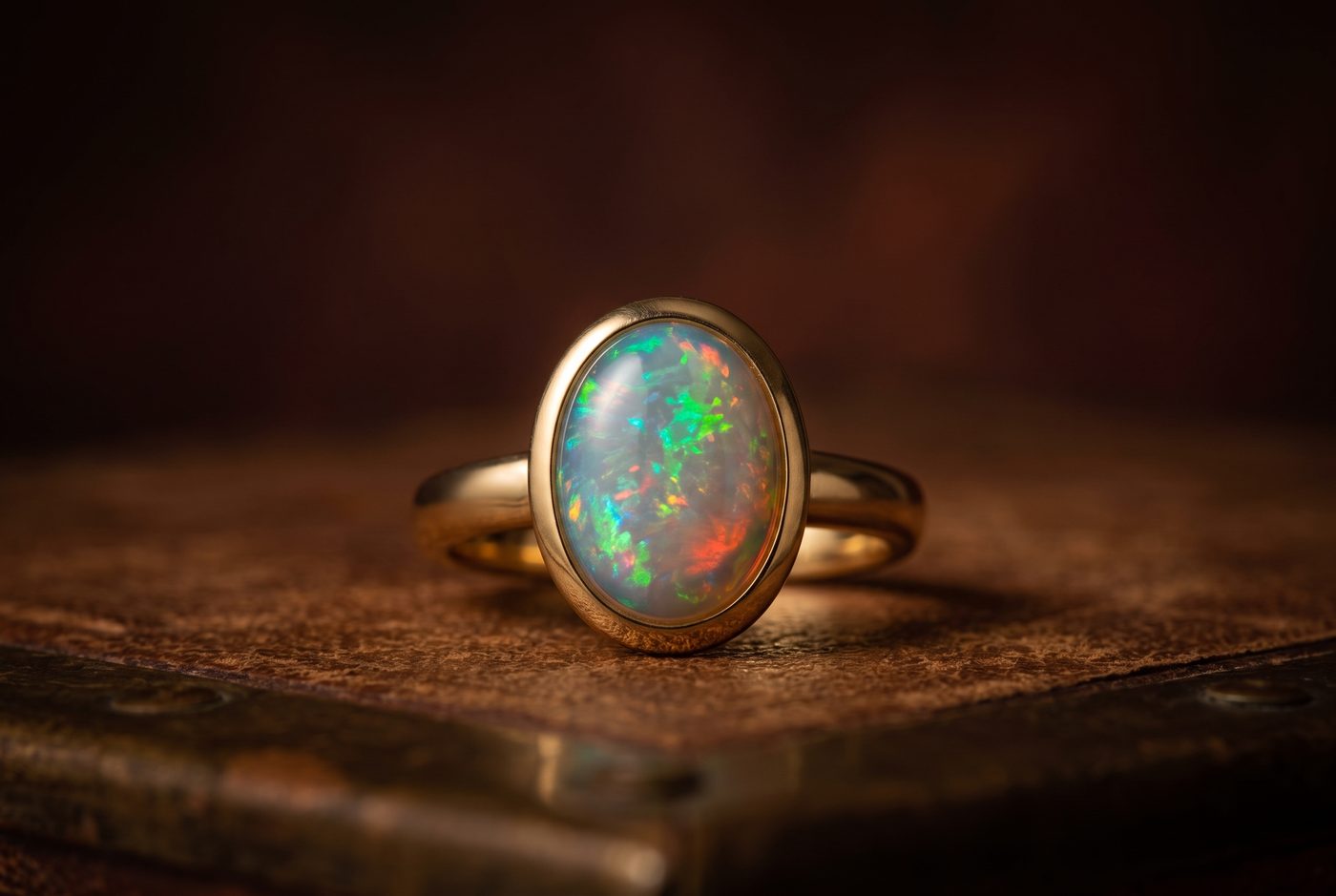 Close-up of low bezel-set opal ring in yellow gold, shallow depth of field