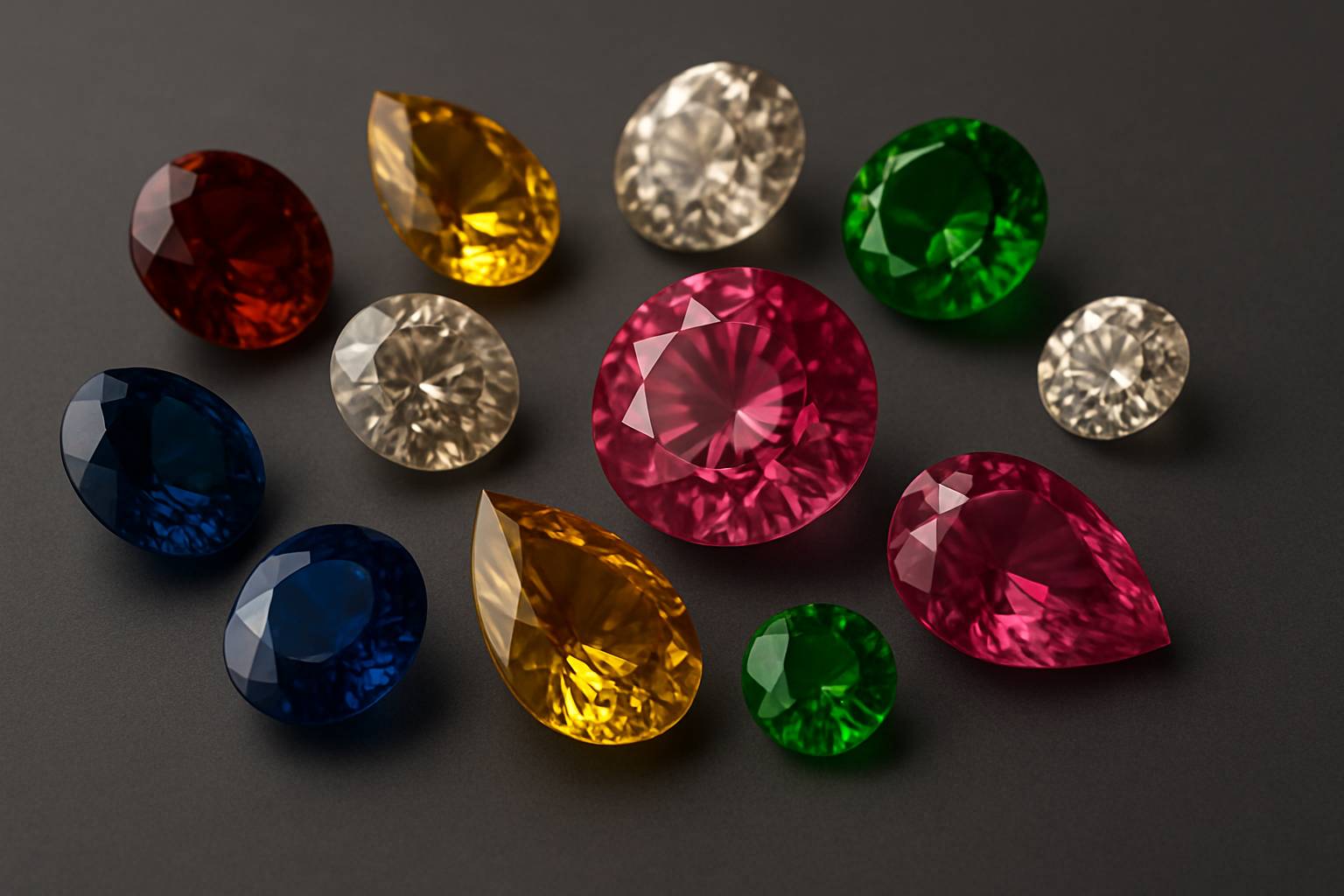 a collection of gemstones showcasing different colors and textures on a smooth surface