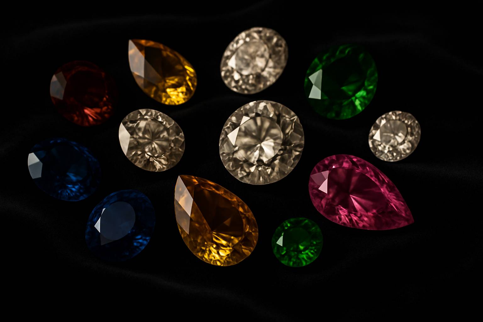 a selection of popular gemstones arranged artistically on a dark velvet background