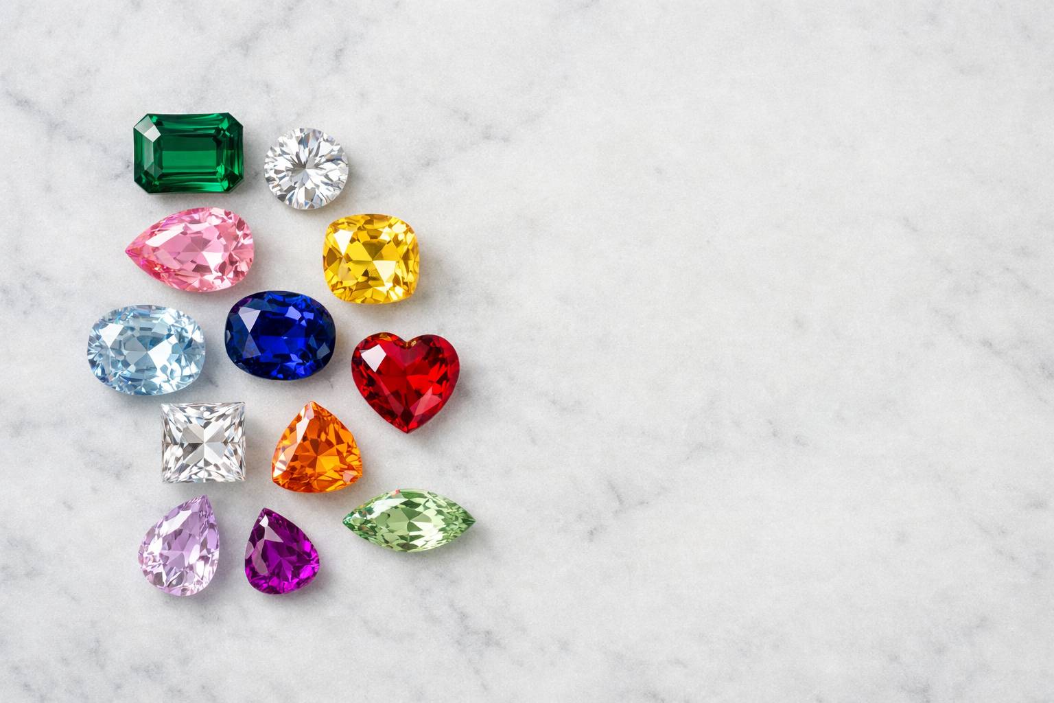 a detailed shot of various gemstones displaying different cuts and colors on a neutral surface